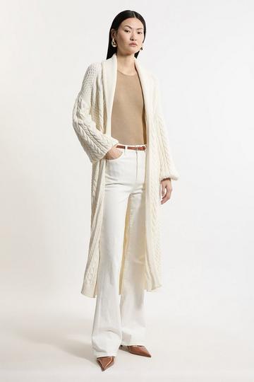 All Over Cable Knit Shawl Collar Longline Belted Coatigan ivory