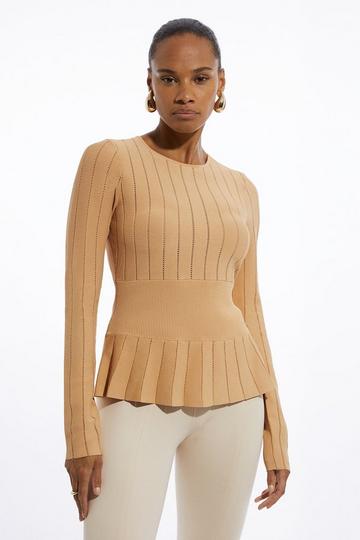 Pointelle Viscose Blend Knit Top camel