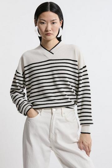 Cashmere Knitted V Neck Contrast Wrap Striped Sweater stripe