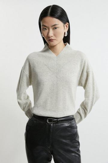 Cashmere Knitted Wide V Neck Jumper grey marl