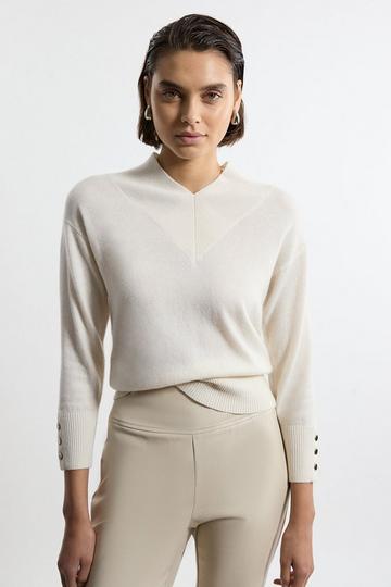 Cashmere Knitted Wide V Neck Jumper ivory