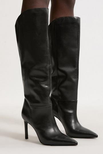 Black Leather Pointed High Heel Knee High Western Boots