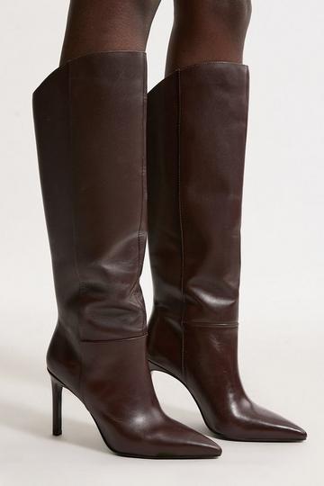 Leather Pointed High Heel Knee High Western Boots chocolate