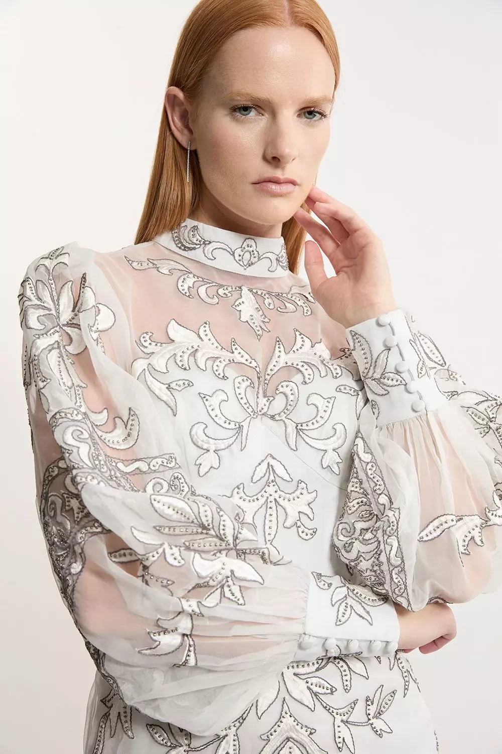 Karen Millen Womens Baroque Organdie Applique Buttoned Woven Mini Dress Silver Size 10