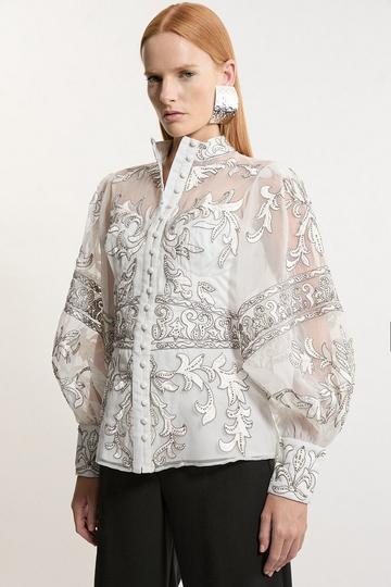 Baroque Organdie Applique Buttoned Woven High Neck Blouse silver