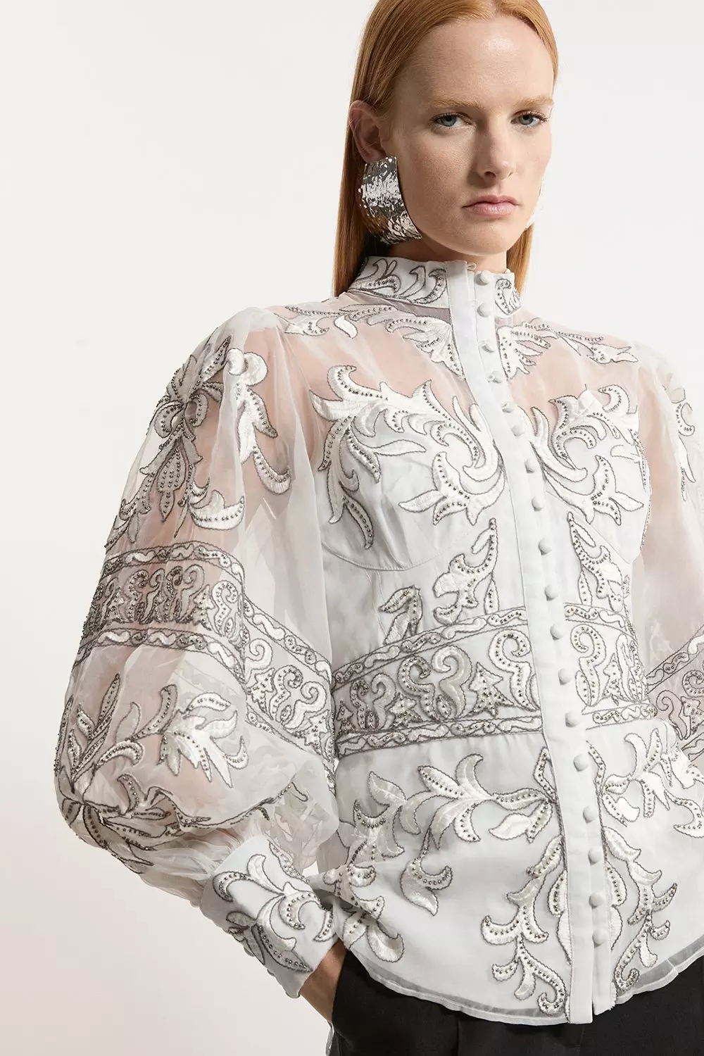 Baroque Organdie Applique Buttoned Woven High Neck Blouse Karen Millen