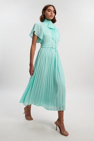Pussy Bow Tie Georgette Belted Woven Midi Dress mint