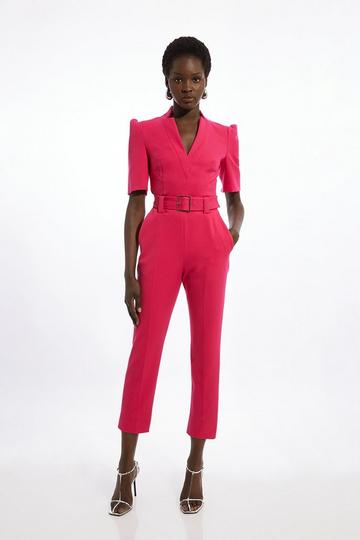 Petite Forever Belted Notch Neck Tailored Jumpsuit fuchsia