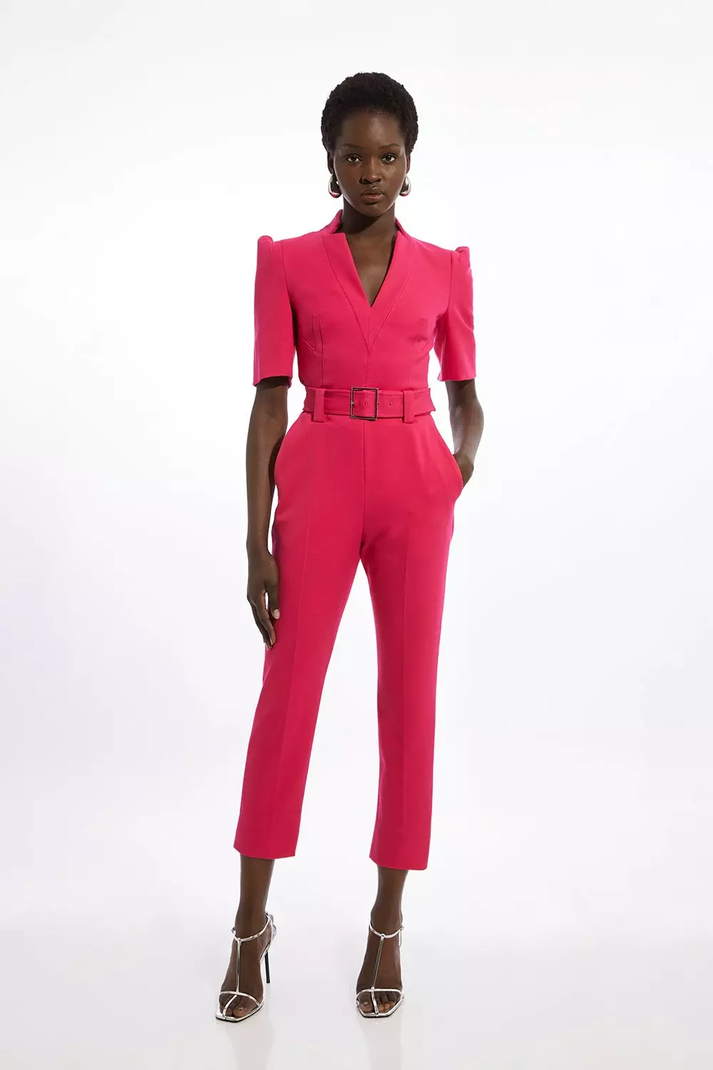 Karen Millen Womens Petite Forever Belted Notch Neck Tailored Jumpsuit Pink Size 8