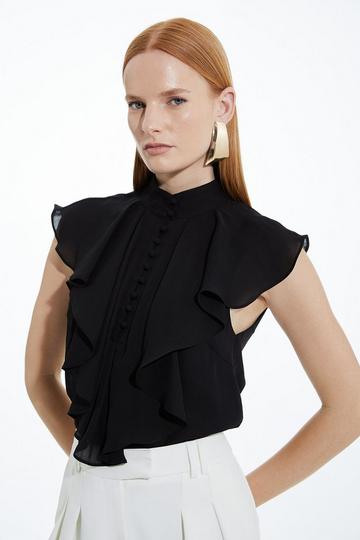 Black Ruffle High Neck Georgette Sleeveless Woven Blouse