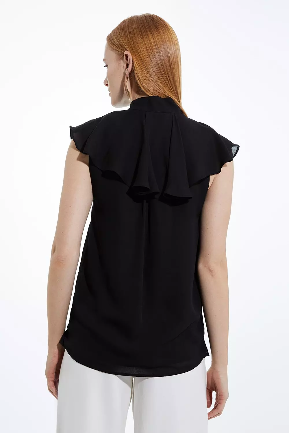 High neck ruffle sleeveless blouse clearance