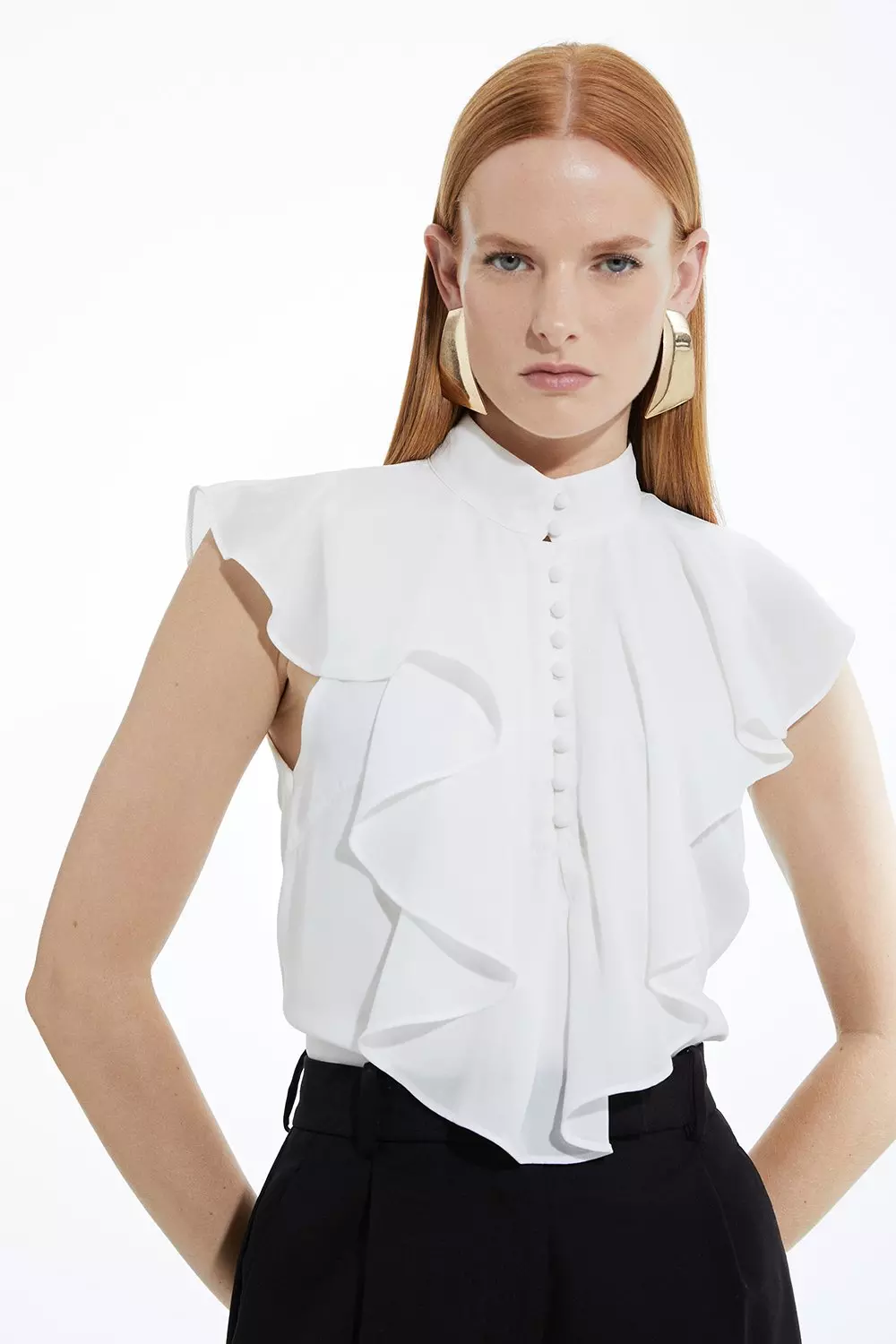 High neck ruffle sleeveless blouse outlet