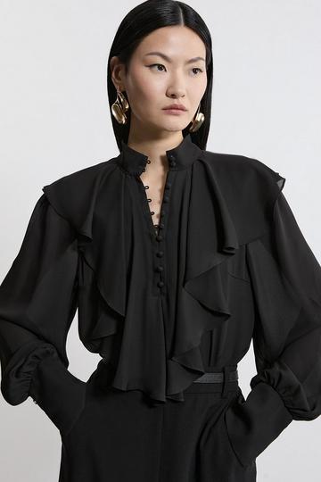 Black Ruffle High Neck Georgette Woven Blouse