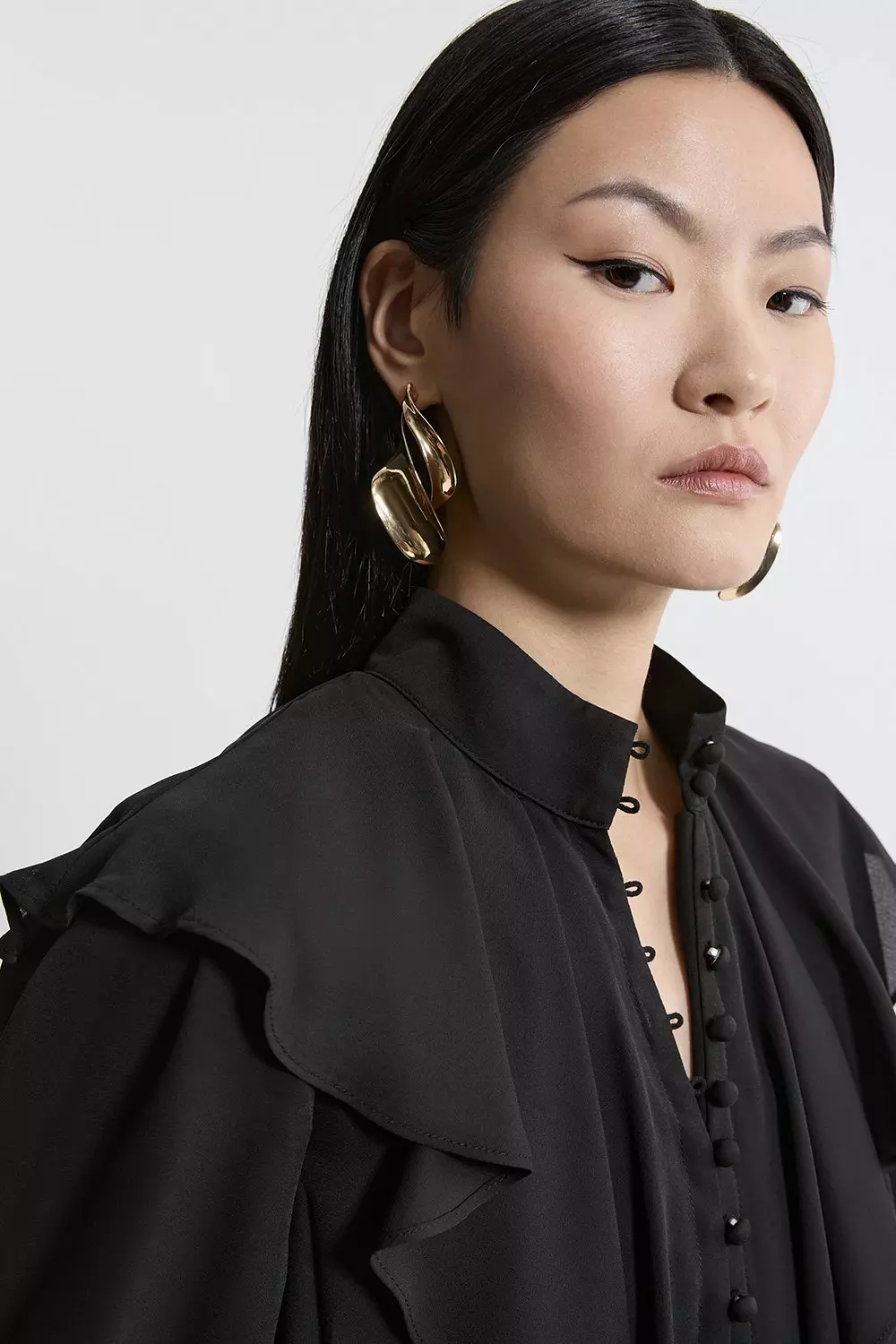 Ruffle High Neck Georgette Woven Blouse | Karen Millen