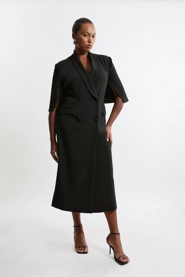 Plus Size Clean Tailored Tuxedo Cape Sleeve Midi Blazer Dress black