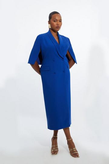 Plus Size Clean Tailored Tuxedo Cape Sleeve Midi Blazer Dress cobalt