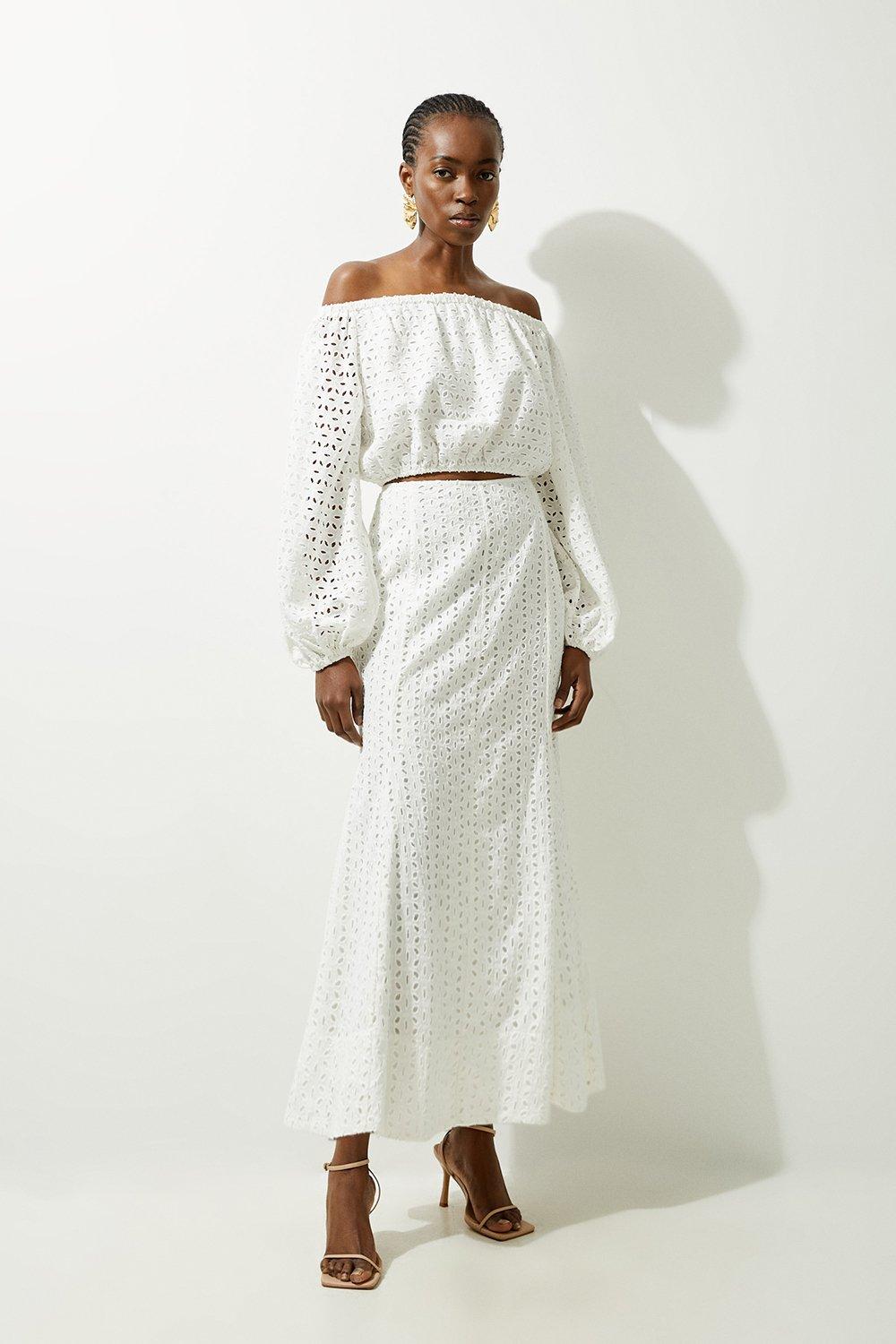 White Eyelet Godet Woven Midi Skirt