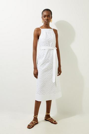 Petite Cotton Broderie Woven Belted Midaxi Dress ivory