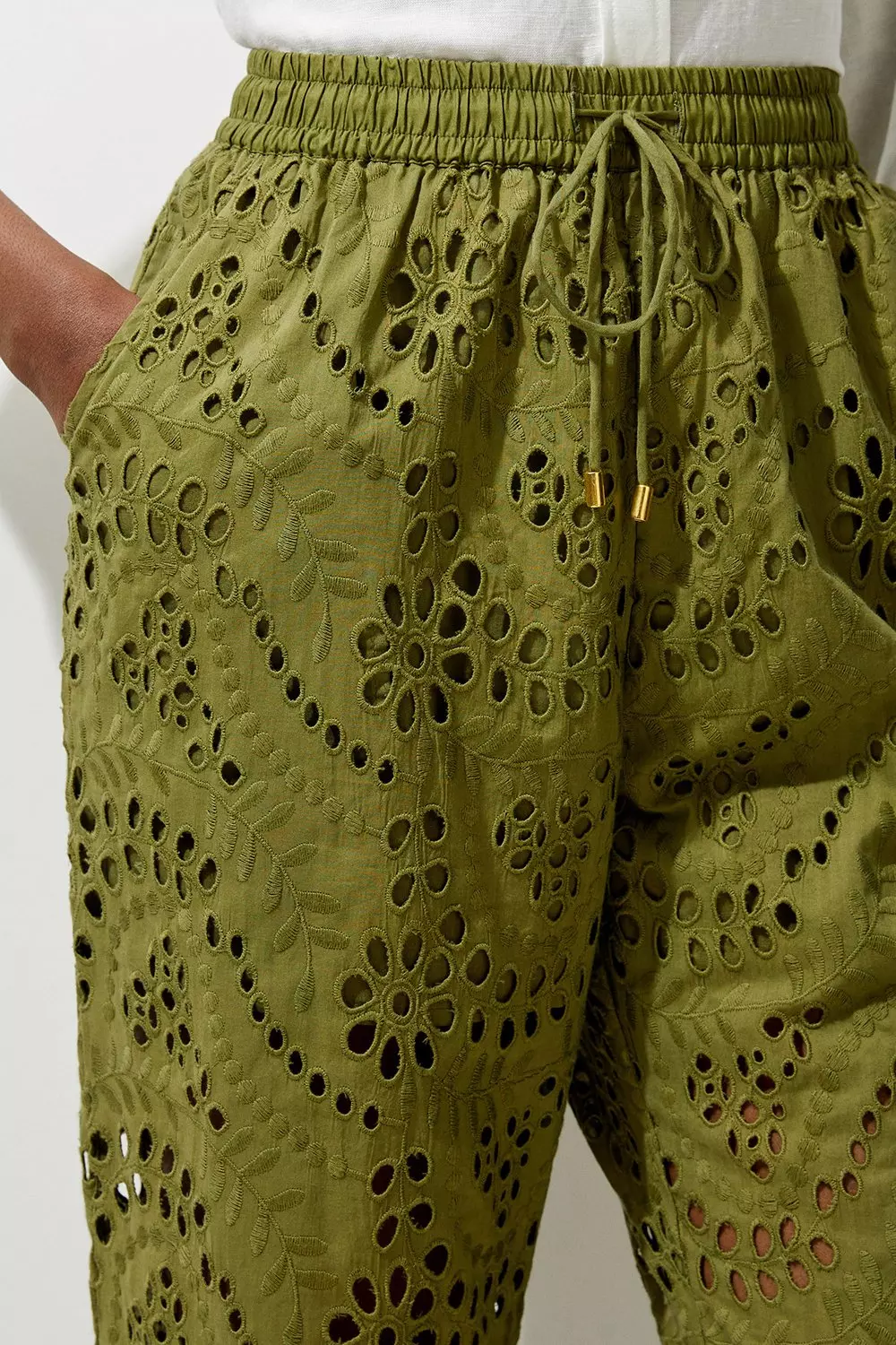 Cotton Eyelet Woven Wide Leg Pants | Karen Millen