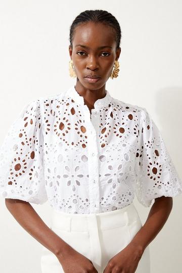 White Petite Cotton Eyelet Short Sleeve Woven Blouse