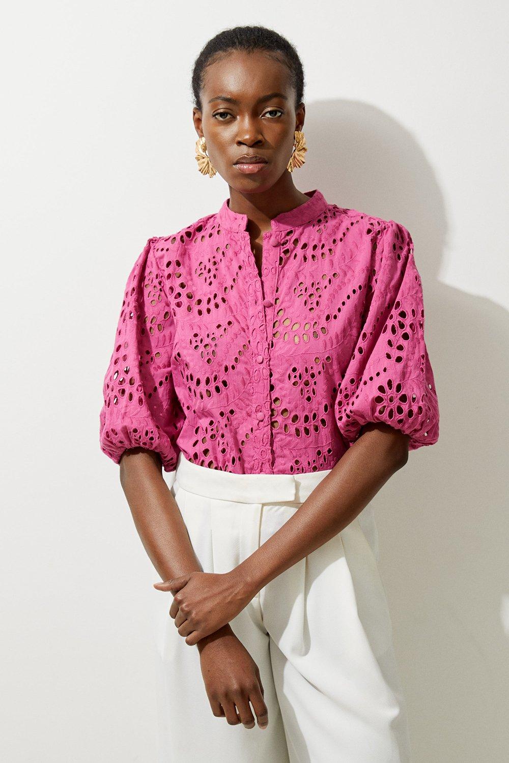 Pink Cotton Eyelet Short Sleeve Woven Blouse