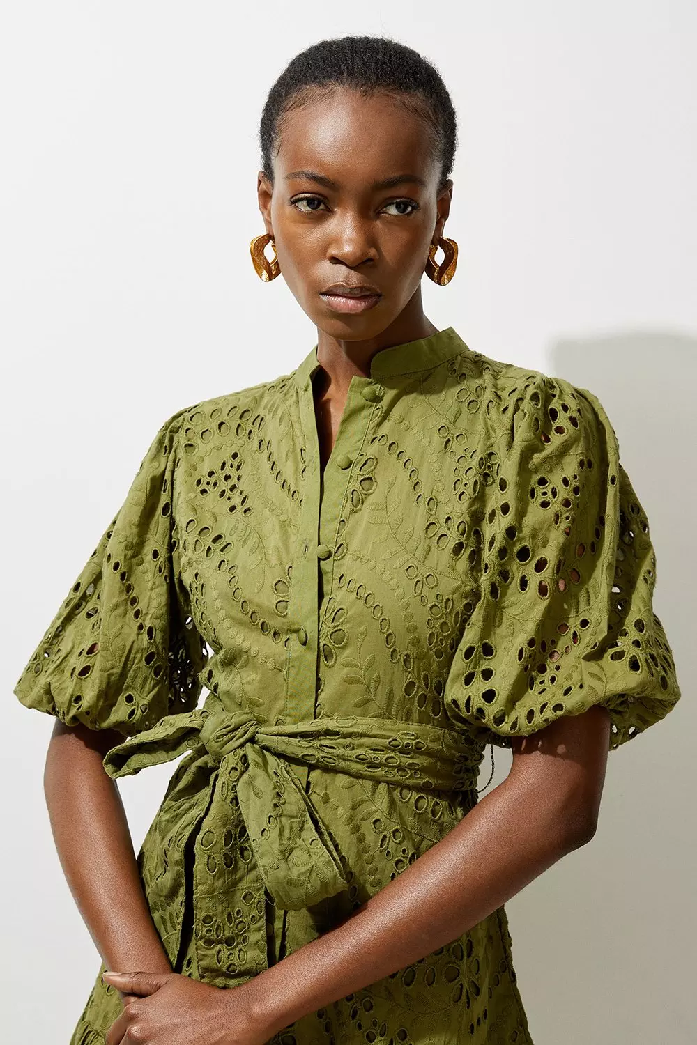 Khaki Cotton Broderie Belted Woven Belted Mini Dress alternative image