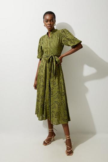 Cotton Eyelet Belted Woven Midi Dress khaki