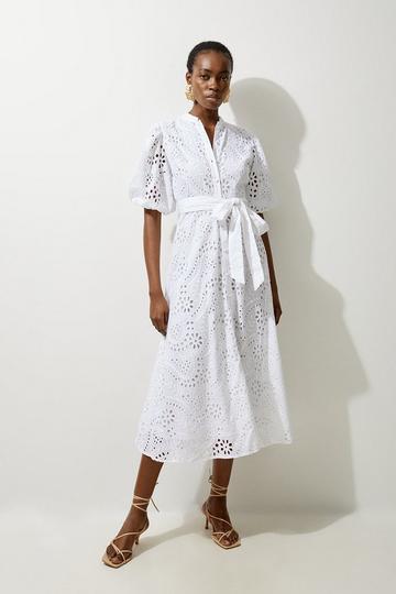 White Cotton Broderie Belted Woven Midi Dress