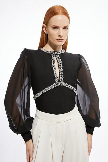 Black Bandage Embellished And Chiffon Sleeve Figure Form Knit Top