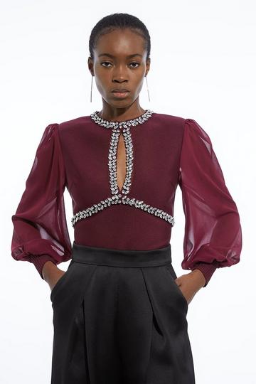 Bandage Embellished And Chiffon Sleeve Figure Form Knit Top burgundy