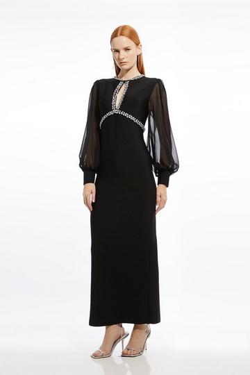 Black Embellished And Chiffon Sleeve Figure Form Knit Midaxi Dress