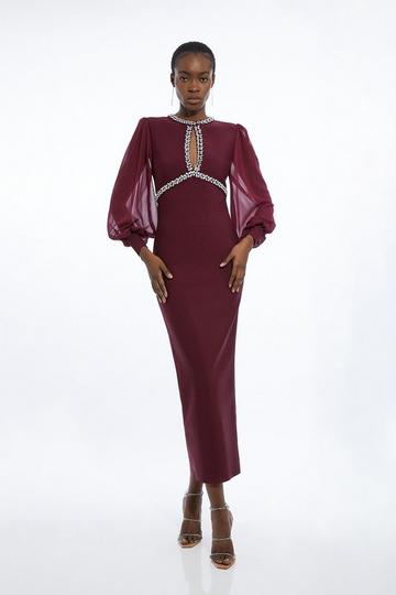 Embellished And Chiffon Sleeve Figure Form Knit Maxi Dress burgundy