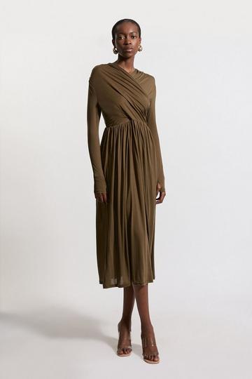 Premium Tencel Jersey Wrap Detail Midaxi Dress khaki