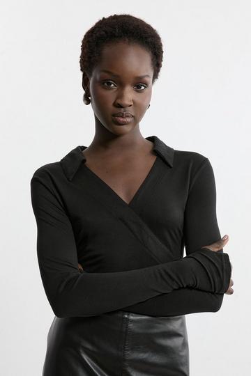 Black Premium Tencel Jersey Collared Long Sleeve Top