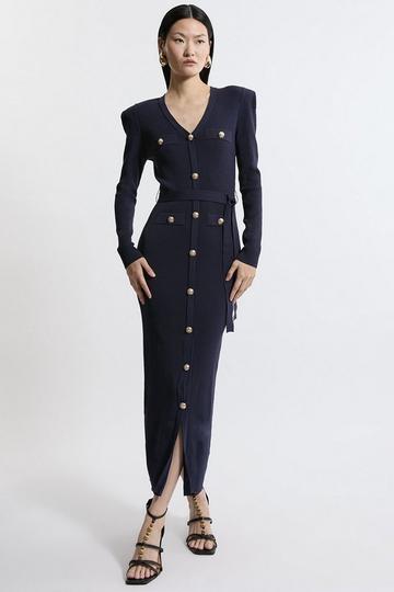 Viscose Blend Rib Military Detail Knit Midaxi Dress navy