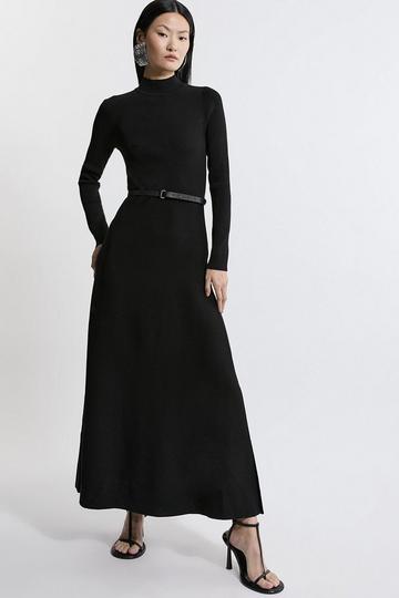 Black Viscose Blend Rib Knit Belted Midi Dress