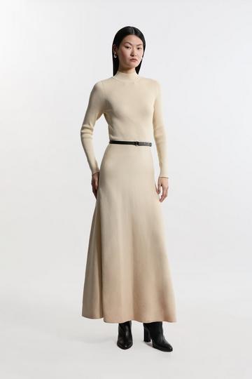 Viscose Blend Rib Knit Belted Midi Dress ivory