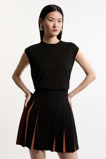 Black Pleated Wool Look Contrast Knit Mini Skirt