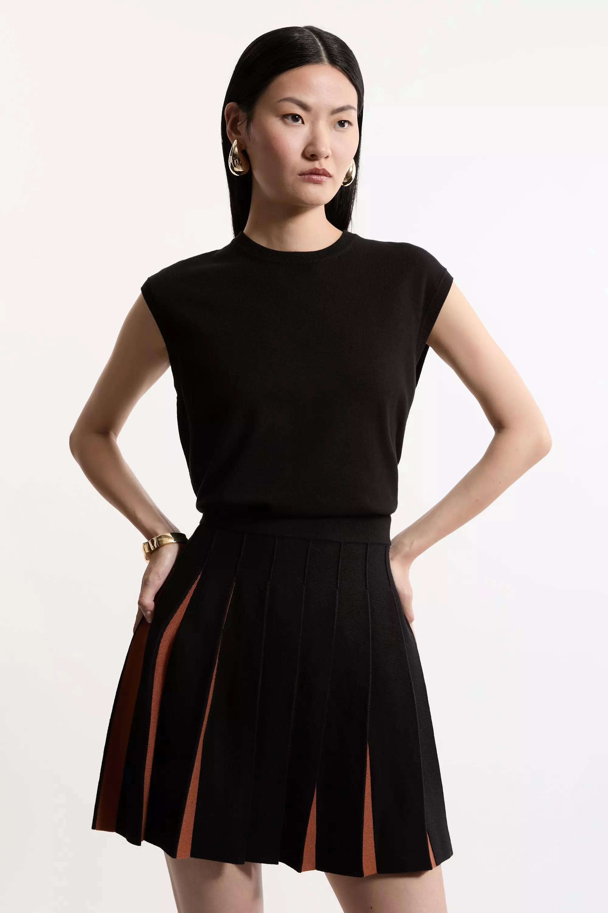 Pleated Wool Look Contrast Knit Mini Skirt Karen Millen