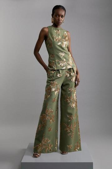 Petite Satin Sequin And Embroidery Woven Trouser khaki