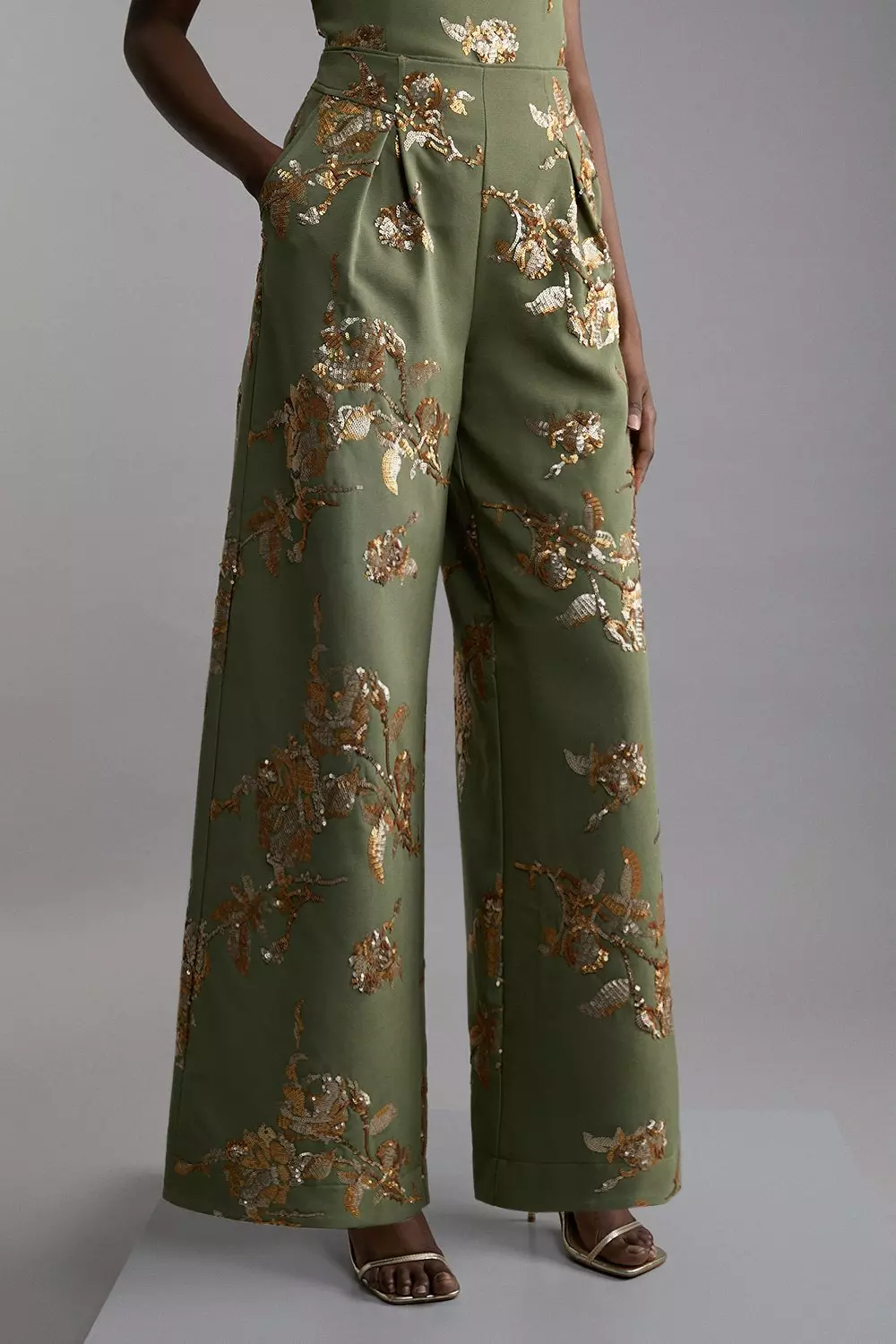 Petite Satin Sequin And Embroidery Woven Pants | Karen Millen