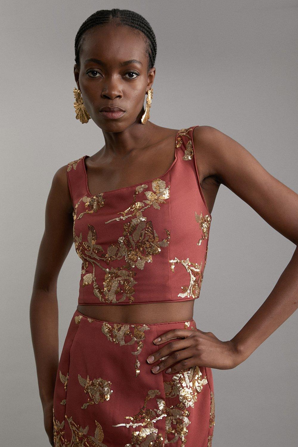 Rust Satin Sequin And Embroidery Woven Square Neck Top