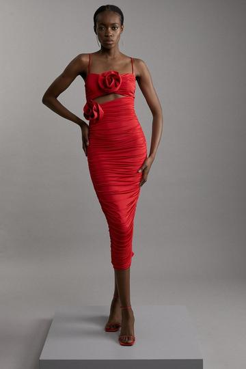 Red Jersey Crepe Embellished Rosette Midi Dress