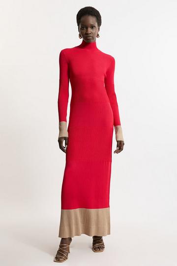 Red Drapey Ribbed Knit Column Midaxi Dress