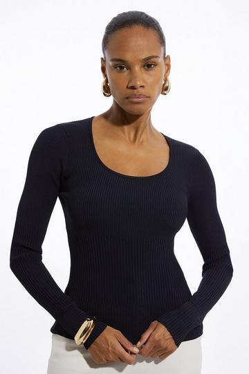 Drapey Ribbed Knit Scoop Neck Top navy