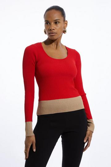 Drapey Ribbed Knit Scoop Neck Top red