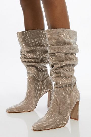 All Over Hot Fix Slouchy Heeled Boot silver