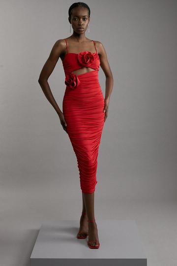 Red Petite Jersey Crepe Embellished Rosette Midi Dress