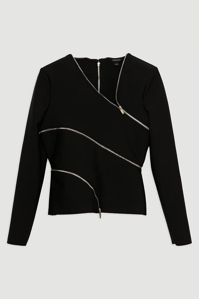 Asymmetric Zip Detail Figure Form Bandage Knit Top | Karen Asymmetric Zip Detail Figure Form Bandage Knit Top | Karen