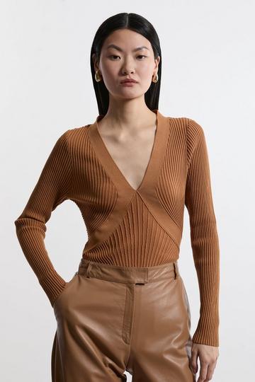 V Neck Elevated Rib Knit Top camel